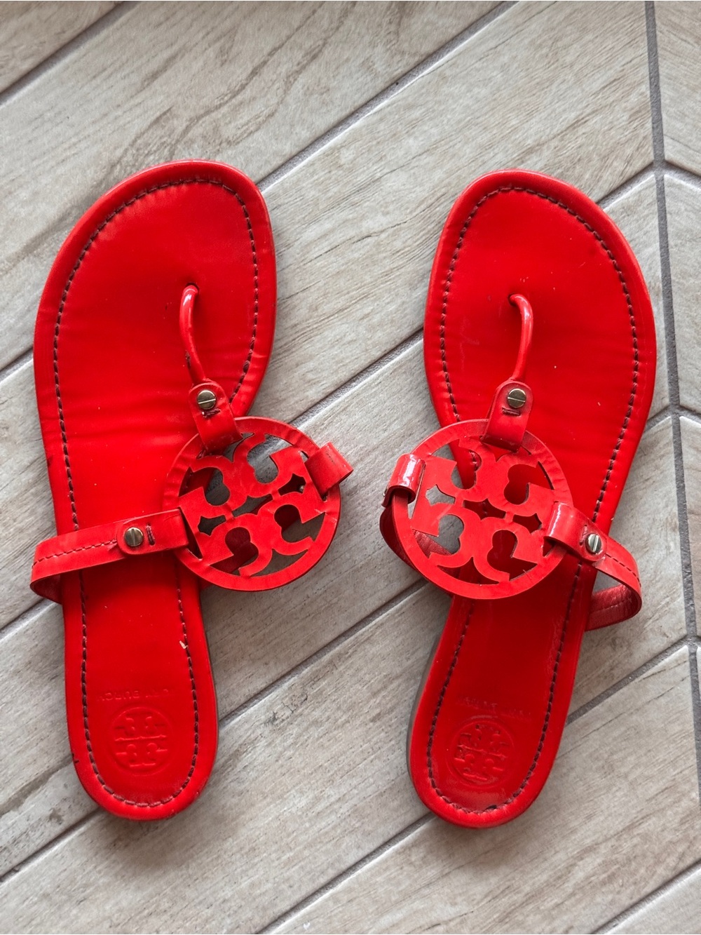 Tory Burch Red Patent Logo Thong Sandals